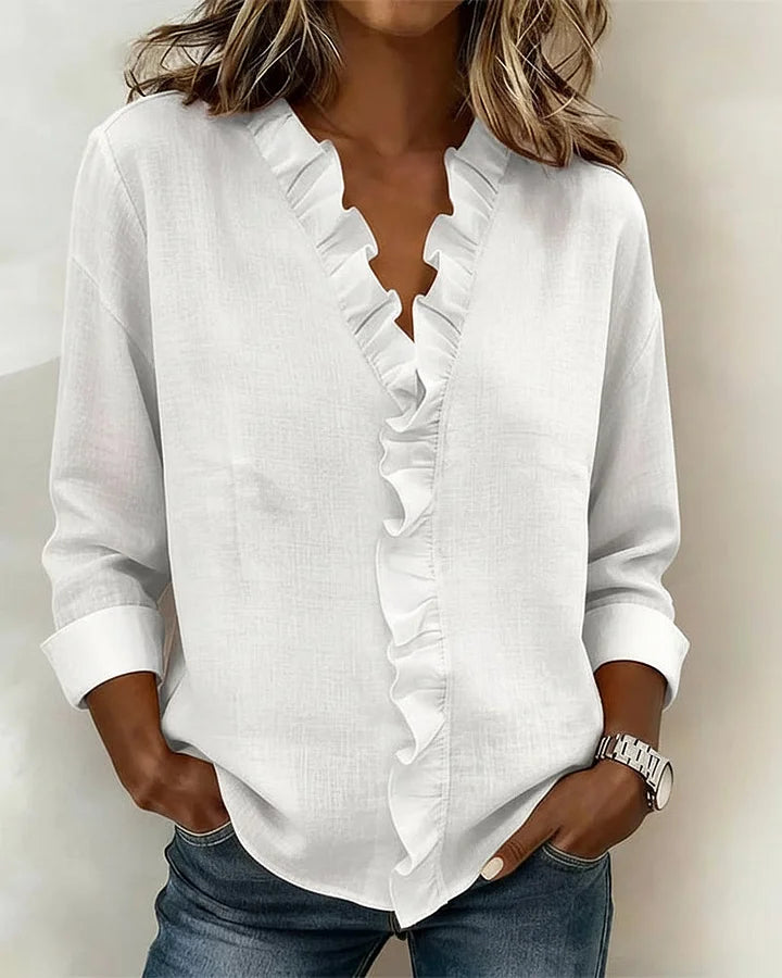 Vera | Blouse with Ruffles, V-Neck and Long Sleeves